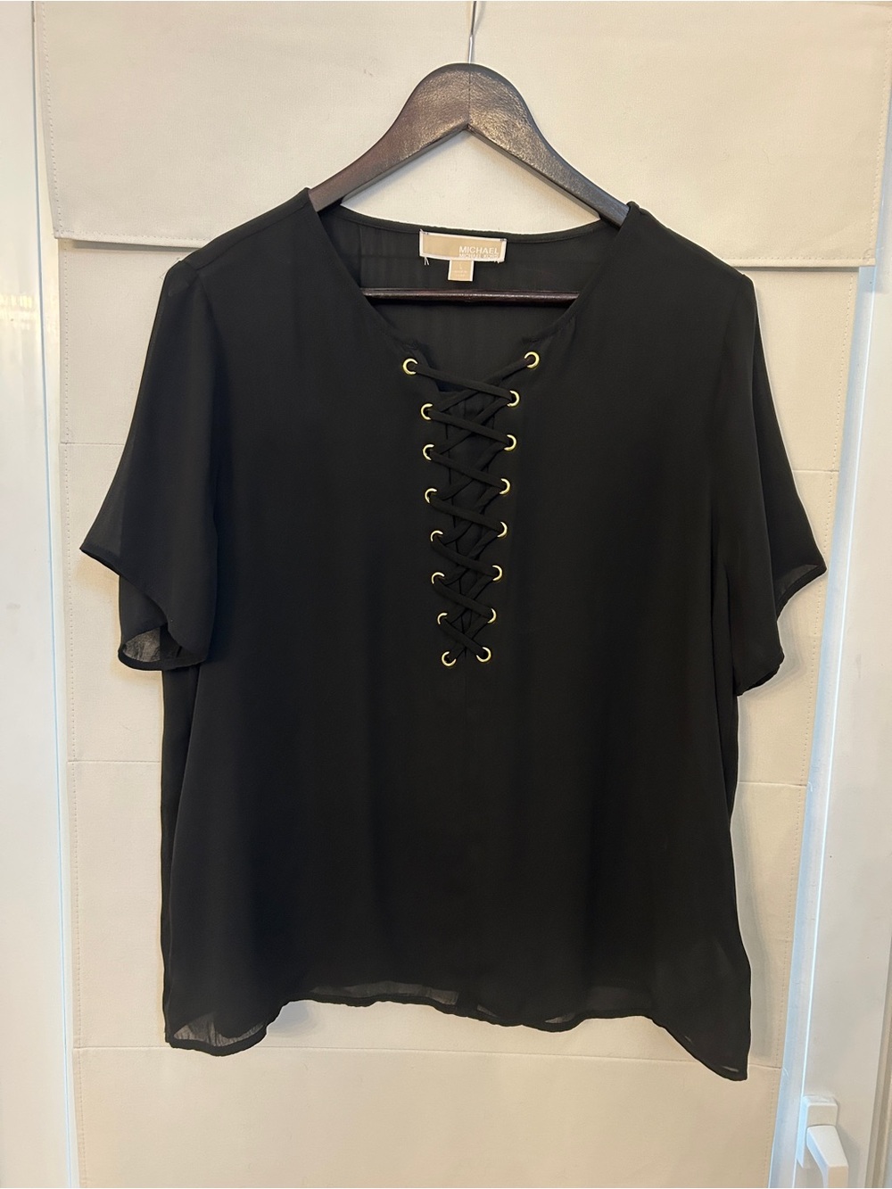 Michael Kors Black Lace-Up V-Neck Short Sleeve Blouse